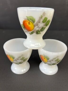 Vintage 70’s set of 3 ARCOPAL milk glass egg cups  “Fruits De France “ series
